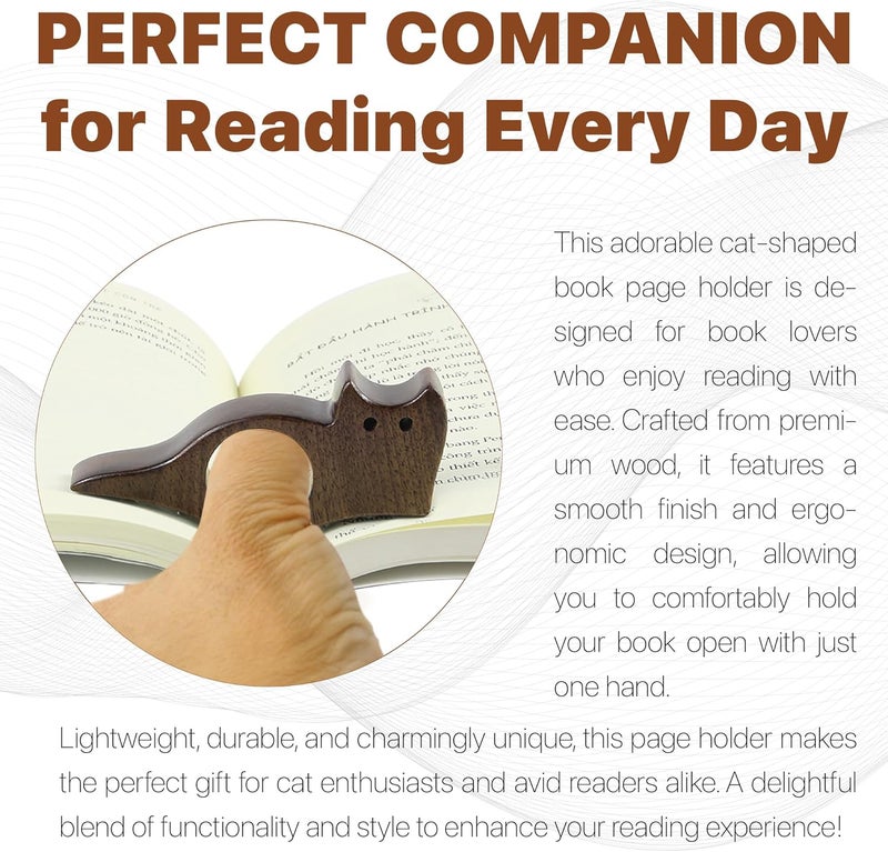 WACANTIC Cat Book Page Holder, Smooth Finish Walnut Wood Book Holder for Reading, Ideal Book Reader Gifts & Reading Accessories,Book Worm Gifts for Women, Thumb Book Page Holder - Book Lovers & Literary Gifts - Image 5
